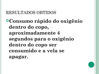 RESULTADOS OBTIDOS Consumo rápido do oxigênio dentro do copo, aproximadamente 4 segundos para o oxigênio dentro do copo ser consumido e a vela se apagar.  