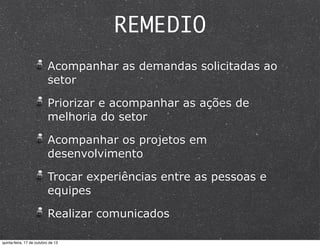 REMEDIO
Acompanhar as demandas solicitadas ao
setor
Priorizar e acompanhar as ações de
melhoria do setor
Acompanhar os projetos em
desenvolvimento
Trocar experiências entre as pessoas e
equipes
Realizar comunicados
quinta-feira, 17 de outubro de 13

 