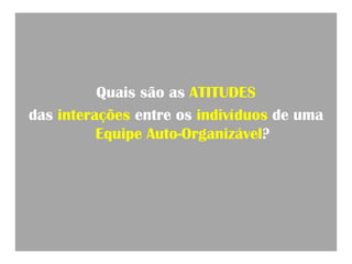 Quais são as ATITUDES
das interações entre os indivíduos de uma
          Equipe Auto-Organizável?
 