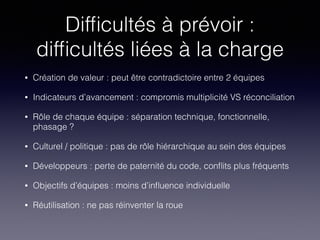 Difﬁcultés à prévoir :
difﬁcultés liées à la charge
• Création de valeur : peut être contradictoire entre 2 équipes
• Indicateurs d’avancement : compromis multiplicité VS réconciliation
• Rôle de chaque équipe : séparation technique, fonctionnelle,
phasage ?
• Culturel / politique : pas de rôle hiérarchique au sein des équipes
• Développeurs : perte de paternité du code, conﬂits plus fréquents
• Objectifs d’équipes : moins d’inﬂuence individuelle
• Réutilisation : ne pas réinventer la roue
 