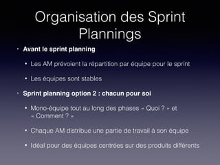 Organisation des Sprint
Plannings
• Avant le sprint planning!
• Les AM prévoient la répartition par équipe pour le sprint
• Les équipes sont stables
• Sprint planning option 2 : chacun pour soi!
• Mono-équipe tout au long des phases « Quoi ? » et
« Comment ? »
• Chaque AM distribue une partie de travail à son équipe
• Idéal pour des équipes centrées sur des produits différents
 