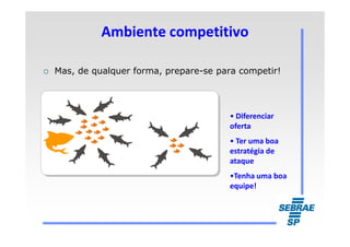 • Diferenciar
oferta
Ambiente competitivoAmbiente competitivo
Mas, de qualquer forma, prepare-se para competir!
oferta
• Ter uma boa
estratégia de
ataque
•Tenha uma boa
equipe!
 