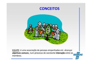 CONCEITOSCONCEITOS
EQUIPEEQUIPE: é uma associação de pessoas empenhadas em alcançar: é uma associação de pessoas empenhadas em alcançar
objetivos comunsobjetivos comuns, num processo de constante, num processo de constante interaçãointeração entre osentre os
membros.membros.
 