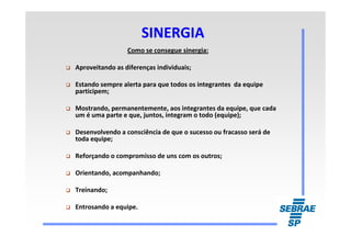 SINERGIASINERGIA
Como se consegue sinergia:
Aproveitando as diferenças individuais;
Estando sempre alerta para que todos os integrantes da equipe
participem;
Mostrando, permanentemente, aos integrantes da equipe, que cada
um é uma parte e que, juntos, integram o todo (equipe);
Desenvolvendo a consciência de que o sucesso ou fracasso será de
toda equipe;
Reforçando o compromisso de uns com os outros;
Orientando, acompanhando;
Treinando;
Entrosando a equipe.
 