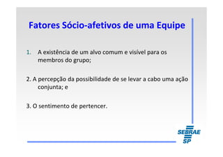1. A existência de um alvo comum e visível para os
membros do grupo;
2. A percepção da possibilidade de se levar a cabo uma ação
Fatores SócioFatores Sócio--afetivos de uma Equipeafetivos de uma Equipe
2. A percepção da possibilidade de se levar a cabo uma ação
conjunta; e
3. O sentimento de pertencer.
 