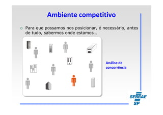 Ambiente competitivoAmbiente competitivo
Para que possamos nos posicionar, é necessário, antes
de tudo, sabermos onde estamos…
Análise de
concorrência
 