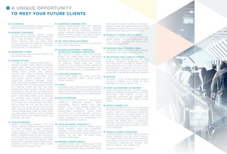 A UNIQUE OPPORTUNITY
TO MEET YOUR FUTURE CLIENTS
AUTOMOBILE
AUTOBACS, AUTODISTRIBUTION, CARGLASS, MICHELIN
MIDAS, NORAUTO, PSA, RENAULT, SPEEDY
BANKING & INSURANCE
ALLIANZ SHOP, BANQUE ACCORD, BANQUE
PALATINE, BANQUE POPULAIRE, BNP PARIBAS, BPCE,
BRED, CAISSE D’ÉPARGNE, CARREFOUR BANQUE,
CRÉDIT AGRICOLE, CRÉDIT DU NORD, CRÉDIT
FONCIER, CRÉDIT MUTUEL, GENERALI, GROUPAMA,
LA BANQUE POSTALE, LA POSTE, LCL - LE CRÉDIT
LYONNAIS, MAPA, SOCIÉTÉ GÉNÉRALE
DEPARTMENT STORES
BHV, BHV MARAIS, GROUPE GALERIES LAFAYETTE, LE
BON MARCHÉ, PRINTEMPS
FASHION, TEXTILES
1.2.3, AGNÈS B., AIGLE, AMERICAN VINTAGE, ANN TUIL,
ANTONELLE, ARMAND THIERRY, ARMOR LUX, AUBADE,
AUBERT, BA&SH, BABOU, BEAUMANOIR, BENETTON,
BRICE, BURTON OF LONDON, C&A, CACHE CACHE,
CAMAÏEU, CAROLL, CATIMINI, CELIO, CHANTELLE,
CHRISTINE LAURE, COMME DES GARÇONS, COMPLICES,
COMPTOIR DES COTONNIERS, COP.COPINE, COTON
DOUX, CYRILLUS, DAMART, DARJEELING, DE FURSAC,
DEGRIFFSTOCK, DEVANLAY, DEVERNOIS, DEVRED,
DIESEL, DISTRI CENTER, DU PAREIL AU MÊME, EDEN PARK,
ELEVEN PARIS, ESPRIT, ETAM, ETAM LINGERIE, EURODIF,
FAST RETAILING, FATHER AND SONS, GAP, GEMO,
GÉRARD DAREL, GRAIN DE MALICE, GROUPE ZANNIER-
ZGENERATION, G-STAR, H&M, H3M - LA COMPAGNIE DES
PETITS, HAPPYCHIC (BRICE), HOLLISTER, ID GROUP, IKKS,
INDITEX - ZARA, ISABEL MARANT, JACADI, JACQUELINE
RIU, JENNYFER, JONAK, KAPORAL, KENZO, KIABI,
KOOKAÏ, LACOSTE, LE SLIP FRANÇAIS, LISE CHARMEL,
LITTLE MARCEL, MAT DE MISAINE, MERCI, MIM, MINELLI,
MISE AU GREEN, MOA, NAF NAF, NEW LOOK, NOZ,
ORCHESTRA, PAUL & JOE, PAULE KA, PETIT BATEAU,
PIMKIE, PRINCESSE TAMTAM, PROMOD, SERGENT-MAJOR
/ NATALYS, SIMONE PÉRÈLE, SYMPA, TALLY WEIJL, TAPE À
L’ŒIL, TARA JARMON, TARTINE & CHOCOLAT, TERRITOIRE
REDSKINS, THE KOOPLES, VET AFFAIRES, VIVARTE, ZADIG
& VOLTAIRE, ZAPA, ZARA
FOOD & BEVERAGES
BANETTE, CHOCOLATERIE MONBANA, COCA COLA
FRANCE, COMPTOIR COMMERCIAL D’ORIENT, COMPTOIR
DU CAVIAR, CONFISERIES LEONIDAS, CONSERVERIE
LA BELLE ILOISE, DE NEUVILLE, FAUCHON, FERRERO
FRANCE, GENERAL MILLS, HARIBO, HEINEKEN, JEFF DE
BRUGES, LA GRANDE EPICERIE DE PARIS, LA MAISON DU
CHOCOLAT, LENÔTRE, MAXIMO, MONDELEZ, NESPRESSO,
NESTLÉ PURINA, NICOLAS, PICARD SURGELÉS, PIERRE
HERME,ROYALCANIN,RUNGISMARCHEINTERNATIONAL,
SEGAFREDO ZANETTI, ST MICHEL, THIRIET, THOMAS
TRAITEUR, VALETTE FOIE GRAS, YOPLAIT
HANDIWORK, GARDENING, PETS
ANIMALIS, BIGMAT, BOTANIC, BRICO DÉPÔT, BRICOMAG,
BRICOMAN, BRICOMARCHÉ, BRICORAMA, CASTORAMA,
COULEURS DE TOLLENS, ÉQUIP’JARDIN, GAMMVERT,
GEDIMAT, INTERFLORA, JARDILAND, LA PLATEFORME DU
BÂTIMENT, LAPEYRE, LEGRAND, LEROY MERLIN, MONCEAU
FLEURS, MR. BRICOLAGE, POINT P., TRUFFAUT, WELDOM
HIFI, VIDEO, PHOTO, MULTIMEDIA
BANG & OLUFSEN, BIGBEN CONNECTED, CULTURA, EASY
CASH, LOEWE, PHOTOMATON
HOUSEHOLD EQUIPMENT, FURNISHING,
DECORATION, HOUSEHOLD APPLIANCES
ADEO SERVICES, 4 MURS, ALINÉA, BATH BAZAAR,
BRISACH, BUT, CARRÉ BLANC, CASA, CONFORAMA,
CUISINES CENTER, DU BRUIT DANS LA CUISINE, ESPACE
REVÊTEMENTS, FLY, GAUTIER, GIFI, GROUPE SEB FRANCE,
GUY DEGRENNE, HABITAT, HEMA, IKEA, LOGITEC,
L’UNIVERS DE LÉO, MAISONS DU MONDE, MOBILIER DE
FRANCE, MUJI FRANCE, PYLONES, ROCHE BOBOIS, SAINT-
MACLOU, TISSUS DES URSULES, YELLOWKORNER, ZODIO
JEWELLERY & HOROLOGY
CLEOR, DIDIER GUÉRIN, FRED PARIS, LOUIS PION,
PANDORA, SWAROVSKI, SWATCH GROUP FRANCE,
TEMPKA, TIFFANY&CO
LUXERY
BOUCHERON,CHANEL,CHRISTIANDIORCOUTURE,CHRISTIAN
LOUBOUTIN,ÉRICBOMPARD,FENDI,GUCCIFRANCE,HERMÈS,
LANCEL, LANVIN, LONGCHAMP, LOUIS VUITTON, LVMH, MARC
JACOBS, MONTBLANC, NINA RICCI, SISLEY, VANESSA BRUNO
MASS DISTRIBUTION
8 A HUIT, ALDI, ATAC, AUCHAN, BIO C’ BON, BIOCOOP,
CARREFOUR, CARREFOUR MARKET, CASINO,
CHRONODRIVE, COLRUYT FRANCE, COOP, CORA,
DELHAIZE, DIA, E. LECLERC, FRANPRIX, GRAND FRAIS,
GROUPE MAGASIN GÉNÉRAL, GROUPEMENT DES
MOUSQUETAIRES INTERMARCHÉ, LEADER PRICE,
LIDL, METRO CASH & CARRY, MONOPRIX, NATURALIA,
NATUREO, NETTO, OOSHOP, PROMOCASH, PROXI, SIMPLY
MARKET, SUPERMARCHÉ SITIS, SUPERMARCHÉS G20,
SUPERMARCHÉS MATCH, SYSTÈME U
OFFICE EQUIPMENT, TELEPHONY, IT
BOULANGER, BOUYGUES TELECOM, BUREAU VALLÉE,
CANON, CARTRIDGE WORLD, CASH CONVERTERS,
COPYMAGE, COPY-TOP, COYOTE, DARTY, GROSBILL, LICK,
NUMÉRICABLE, OFFICE DÉPÔT, ORANGE, PHONEVALLEY,
PIXMANIA, SFR, THE KASE, THE PHONE HOUSE,
TOPOFFICE, VIRGIN MOBILE
PERFUMES, COSMETICS, BEAUTY
ALEXANDRE DE PARIS - BAILLY CREATIONS, BEAUTY STORE,
BEAUTY SUCCESS, BOURJOIS, CINQ MONDES, CLARINS, COTY,
DESSANGE INTERNATIONAL, DOUGLAS, DR PIERRE RICAUD,
ESTÉE LAUDER, HUYGENS, LANCÔME, L’OCCITANE EN
PROVENCE, L’ORÉAL,MACCOSMETICS, MAKEUPFOREVER,
MARIONNAUD, NOCIBÉ, PARFUMS CARON, PARFUMS DIOR,
PEGGY SAGE, POINT SOLEIL,SEPHORA,YVESROCHER
PHARMACY, HYGIENE, HEALTH, OPTICS
ALAINAFFLELOU,AMPLIFON,ATOL,AUDIKA,AUDIOPTIC,
CRAMIF, GENERAL D’OPTIQUE, GRANDVISION, KRYS,
LISSAC OPTICIEN, NOVARTIS, OPTIC 2000, OPTICAL
CENTER, PARASHOP, SOLARIS
PUBLISHING, DISKS, STATIONARY, MEDIA
BIC,CHAPITRE,FRANCELOISIRS,GIBERTJEUNE,LAMARTINE,
LIBRAIRIE EYROLLES, PRISMA MEDIA, RELAY, FNAC
RESTAURANTS, BARS, TOBACCO, HOSTELS
ACCOR, AGAPES RESTAURATION, AU BON COIN,
AUTOGRILL, BRASSERIES KRONENBOURG, BUFFALO
GRILL, CLASS CROUTE, COURTEPAILLE, DOMINO’S PIZZA,
ELIOR CONCESSIONS, EXKI, FLUNCH, GROUPE FLO, HOTEL
BEST WESTERN, IL RISTORANTE, ILLY CAFFE, KFC, LA
CROISSANTERIE, MC DONALD’S, PLANET SUSHI, POMME
DE PAIN, PRÊT À MANGER, QUICK, RITZ PARIS, SUSHISHOP
SERVICES
AIR LIQUIDE, 5 A SEC, ALTAREA COGEDIM, BUTAGAZ,
CENTURY21, HOMEBOX, KIALA, MAIRIE DE PARIS,
MANPOWER, ROC ECLERC, SODEXO, TOTAL
SHOES, LEATHERWORK, ACCESSORIES
ANDRÉ, ARTHUR & ASTON, BATA, CHAUSSÉA, CHAUSS-
MARQUES, COMPAGNIE EUROPEENNE DE LA CHAUSSURE,
DESMAZIERES, ERAM, FINSBURY, LA HALLE AUX
CHAUSSURES, LANCASTER, MAC DOUGLAS, RAND
FRÈRES - LOLLIPOPS, SAN MARINA - MINELLI, TIE RACK
FRANCE
SPORTS, LEASURE, TOYS
BILLABONG, CULTURE VÉLO, DECATHLON, DISNEYLAND
PARIS,FABER-CASTELL,FDJ,FOOTLOCKER,FUTUROSCOPE,
GAUMONT PATHÉ, GO SPORT/COURIR, INTERSPORT,
JOUÉCLUB, KING JOUET, LA GRANDE RÉCRÉ, LE COQ
SPORTIF, LUDENDO GROUPE, MICROMANIA, NATURE
ET DÉCOUVERTES, NIKE, OXBOW, OXYBUL ÉVEIL & JEUX,
OXYLANE, PARC ASTÉRIX, PARC DU FUTUROSCOPE,
PMU, PUMA, QUIKSILVER, REPETTO, ROLAND GARROS,
SALOMON, SPORT 2000, STADE DE FRANCE, TOYS’R’US,
VTECH, WONDERBOX
TRAVELS, TOURISM, TRANSPORTS
AÉROPORTS DE PARIS, AIR FRANCE, BRITTANY FERRIES,
CENTRE POMPIDOU, CLUB MED, COMITÉ REGIONAL
DU TOURISME PARIS IDF, EUROPCAR INTERNATIONAL,
HERTZ FRANCE, IDTGV, KEOLIS, PIERRE ET VACANCES,
CENTERPARCS, PROMOVACANCES KARAVEL, RATP,
RELAIS ET CHÂTEAUX, SNCF, THOMAS COOK
Sample list of EQUIPMAG 2014 visitors.
 