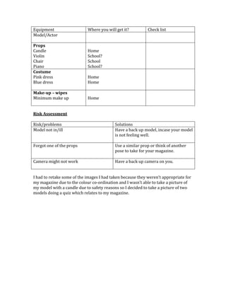 Equipment Where you will get it? Check list
Model/Actor
Props
Candle
Violin
Chair
Piano
Home
School?
School
School?
Costume
Pink dress
Blue dress
Home
Home
Make-up – wipes
Minimum make up Home
Risk Assessment
Risk/problems Solutions
Model not in/ill Have a back up model, incase your model
is not feeling well.
Forgot one of the props Use a similar prop or think of another
pose to take for your magazine.
Camera might not work Have a back up camera on you.
I had to retake some of the images I had taken because they weren’t appropriate for
my magazine due to the colour co-ordination and I wasn’t able to take a picture of
my model with a candle due to safety reasons so I decided to take a picture of two
models doing a quiz which relates to my magazine.