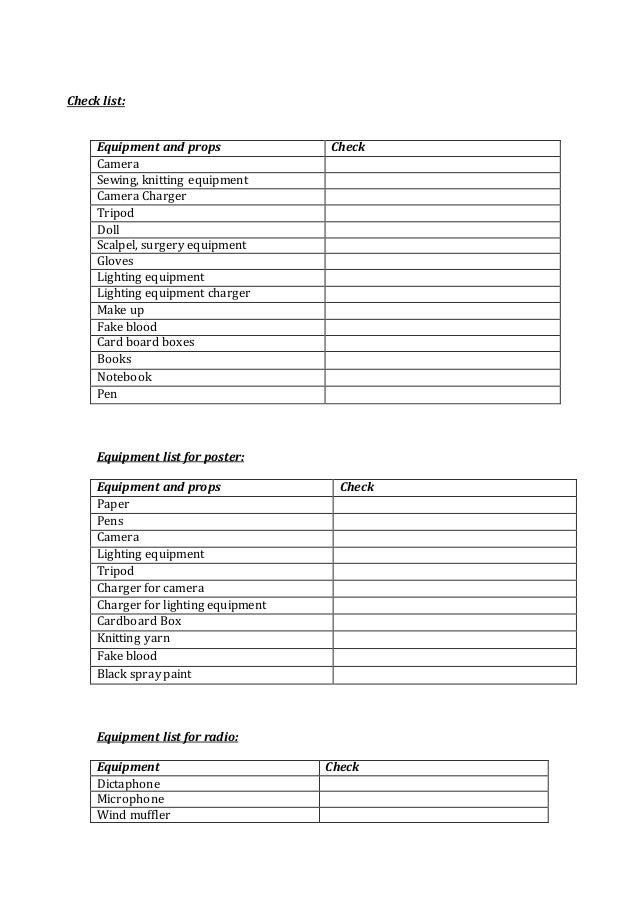 Equipment and props check list