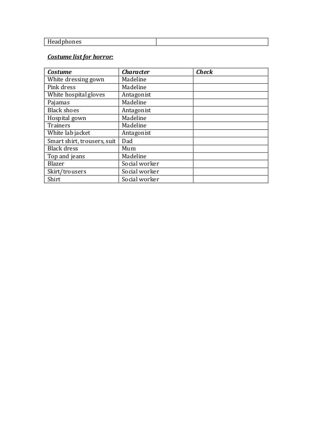 Equipment and props check list