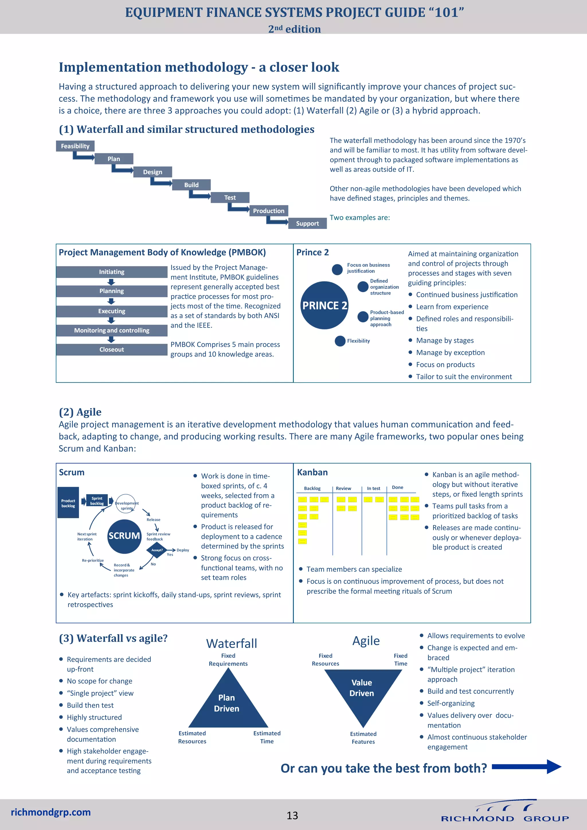 richmondgrp.com
Implementation methodology - a closer look
Having a structured approach to delivering your new system will significantly improve your chances of project suc-
cess. The methodology and framework you use will sometimes be mandated by your organization, but where there
is a choice, there are three 3 approaches you could adopt: (1) Waterfall (2) Agile or (3) a hybrid approach.
Project Management Body of Knowledge (PMBOK) Prince 2
Issued by the Project Manage-
ment Institute, PMBOK guidelines
represent generally accepted best
practice processes for most pro-
jects most of the time. Recognized
as a set of standards by both ANSI
and the IEEE.
PMBOK Comprises 5 main process
groups and 10 knowledge areas.
Aimed at maintaining organization
and control of projects through
processes and stages with seven
guiding principles:
• Continued business justification
• Learn from experience
• Defined roles and responsibili-
ties
• Manage by stages
• Manage by exception
• Focus on products
• Tailor to suit the environment
Scrum Kanban • Kanban is an agile method-
ology but without iterative
steps, or fixed length sprints
• Teams pull tasks from a
prioritized backlog of tasks
• Releases are made continu-
ously or whenever deploya-
ble product is created
(2) Agile
Agile project management is an iterative development methodology that values human communication and feed-
back, adapting to change, and producing working results. There are many Agile frameworks, two popular ones being
Scrum and Kanban:
• Work is done in time-
boxed sprints, of c. 4
weeks, selected from a
product backlog of re-
quirements
• Product is released for
deployment to a cadence
determined by the sprints
• Strong focus on cross-
functional teams, with no
set team roles
• Team members can specialize
• Focus is on continuous improvement of process, but does not
prescribe the formal meeting rituals of Scrum
(1) Waterfall and similar structured methodologies
The waterfall methodology has been around since the 1970’s
and will be familiar to most. It has utility from software devel-
opment through to packaged software implementations as
well as areas outside of IT.
Other non-agile methodologies have been developed which
have defined stages, principles and themes.
Two examples are:
• Key artefacts: sprint kickoffs, daily stand-ups, sprint reviews, sprint
retrospectives
• Requirements are decided
up-front
• No scope for change
• “Single project” view
• Build then test
• Highly structured
• Values comprehensive
documentation
• High stakeholder engage-
ment during requirements
and acceptance testing
• Allows requirements to evolve
• Change is expected and em-
braced
• “Multiple project” iteration
approach
• Build and test concurrently
• Self-organizing
• Values delivery over docu-
mentation
• Almost continuous stakeholder
engagement
(3) Waterfall vs agile?
Waterfall Agile
Or can you take the best from both?
13
EQUIPMENT FINANCE SYSTEMS PROJECT GUIDE “101”
2nd edition
 