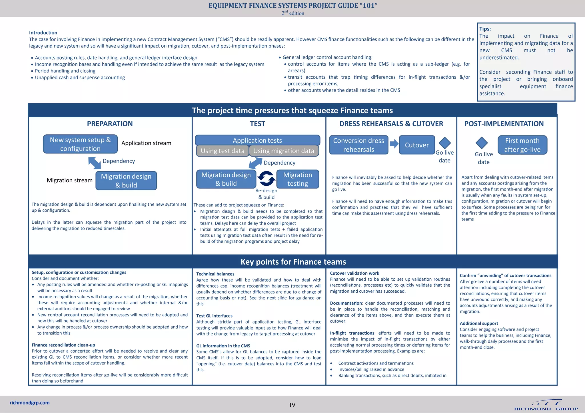 richmondgrp.com
PREPARATION DRESS REHEARSALS & CUTOVER POST-IMPLEMENTATION
Setup, configuration or customisation changes
Consider and document whether:
• Any posting rules will be amended and whether re-posting or GL mappings
will be necessary as a result
• Income recognition values will change as a result of the migration, whether
these will require accounting adjustments and whether internal &/or
external auditors should be engaged to review
• New control account reconciliation processes will need to be adopted and
how this will be handled at cutover
• Any change in process &/or process ownership should be adopted and how
to transition this
Finance reconciliation clean-up
Prior to cutover a concerted effort will be needed to resolve and clear any
existing GL to CMS reconciliation items, or consider whether more recent
items fall within the scope of cutover handling.
Resolving reconciliation items after go-live will be considerably more difficult
than doing so beforehand
Cutover validation work
Finance will need to be able to set up validation routines
(reconciliations, processes etc) to quickly validate that the
migration and cutover has succeeded.
Documentation: clear documented processes will need to
be in place to handle the reconciliation, matching and
clearance of the items above, and then execute them at
cutover.
In-flight transactions: efforts will need to be made to
minimise the impact of in-flight transactions by either
accelerating normal processing times or deferring items for
post-implementation processing. Examples are:
• Contract activations and terminations
• Invoices/billing raised in advance
• Banking transactions, such as direct debits, initiated in
Confirm “unwinding” of cutover transactions
After go-live a number of items will need
attention including completing the cutover
reconciliations, ensuring that cutover items
have unwound correctly, and making any
accounts adjustments arising as a result of the
migration.
Additional support
Consider engaging software and project
teams to help the business, including Finance,
walk-through daily processes and the first
month-end close.
Introduction
The case for involving Finance in implementing a new Contract Management System (“CMS”) should be readily apparent. However CMS finance functionalities such as the following can be different in the
legacy and new system and so will have a significant impact on migration, cutover, and post-implementation phases:
TEST
Tips:
The impact on Finance of
implementing and migrating data for a
new CMS must not be
underestimated.
Consider seconding Finance staff to
the project or bringing onboard
specialist equipment finance
assistance.
• General ledger control account handling:
• control accounts for items where the CMS is acting as a sub-ledger (e.g. for
arrears)
• transit accounts that trap timing differences for in-flight transactions &/or
processing error items,
• other accounts where the detail resides in the CMS
The project time pressures that squeeze Finance teams
The migration design & build is dependent upon finalising the new system set
up & configuration.
Delays in the latter can squeeze the migration part of the project into
delivering the migration to reduced timescales.
Finance will inevitably be asked to help decide whether the
migration has been successful so that the new system can
go live.
Finance will need to have enough information to make this
confirmation and practised that they will have sufficient
time can make this assessment using dress rehearsals.
Key points for Finance teams
Technical balances
Agree how these will be validated and how to deal with
differences esp. income recognition balances (treatment will
usually depend on whether differences are due to a change of
accounting basis or not). See the next slide for guidance on
this
Test GL interfaces
Although strictly part of application testing, GL interface
testing will provide valuable input as to how Finance will deal
with the change from legacy to target processing at cutover.
GL information in the CMS
Some CMS’s allow for GL balances to be captured inside the
CMS itself. If this is to be adopted, consider how to load
“opening” (I.e. cutover date) balances into the CMS and test
this.
Apart from dealing with cutover-related items
and any accounts postings arising from the
migration, the first month-end after migration
is usually when any faults in system set-up,
configuration, migration or cutover will begin
to surface. Some processes are being run for
the first time adding to the pressure to Finance
teams
These can add to project squeeze on Finance:
• Migration design & build needs to be completed so that
migration test data can be provided to the application test
teams. Delays here can delay the overall project
• Initial attempts at full migration tests + failed application
tests using migration test data often result in the need for re-
build of the migration programs and project delay
• Accounts posting rules, date handling, and general ledger interface design
• Income recognition bases and handling even if intended to achieve the same result as the legacy system
• Period handling and closing
• Unapplied cash and suspense accounting
19
EQUIPMENT FINANCE SYSTEMS PROJECT GUIDE “101”
2nd
edition
 