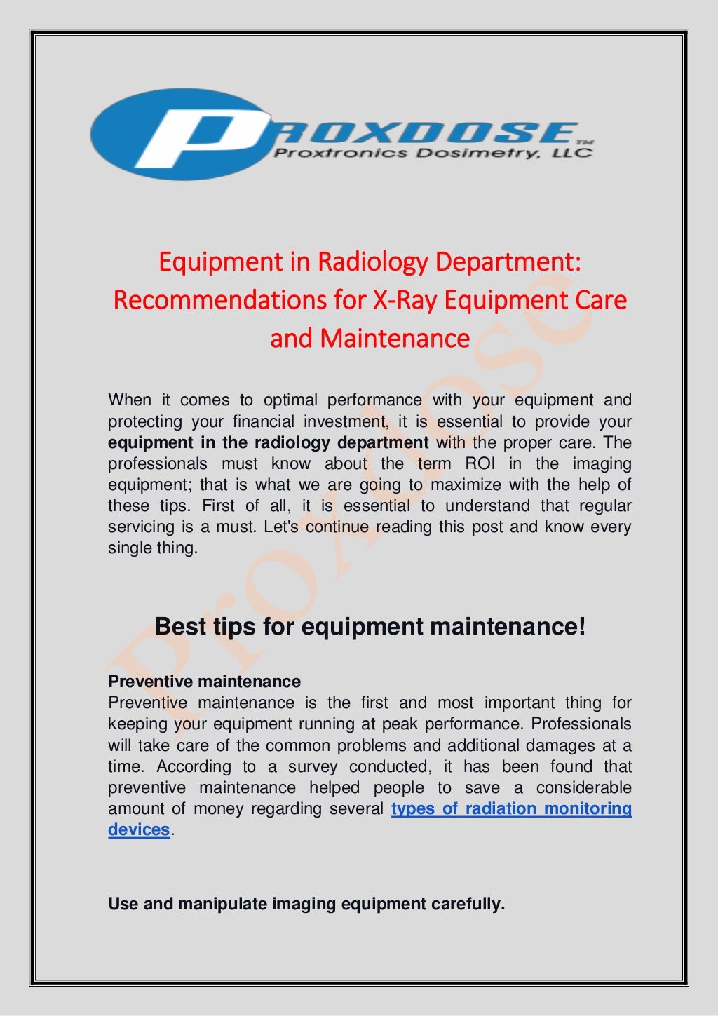 Equipment In Radiology Department for XRay Equipment