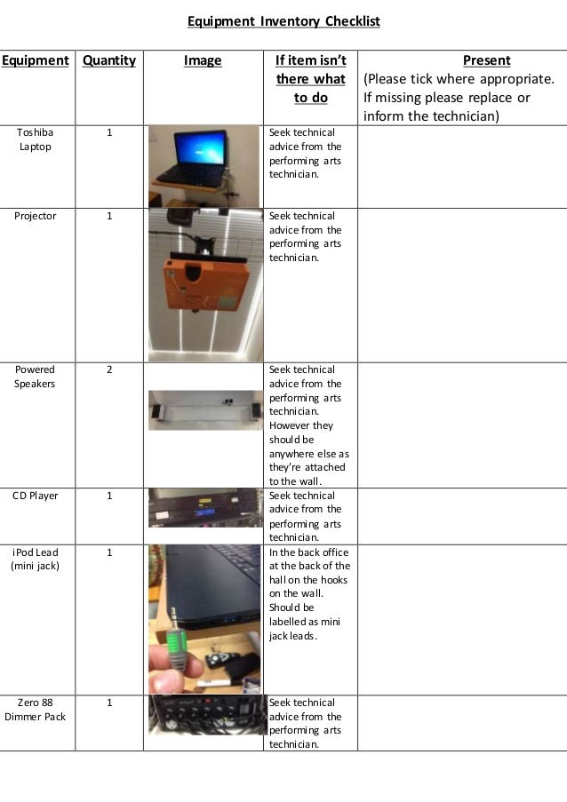 equipment inventory checklist equipment inventory sheet
