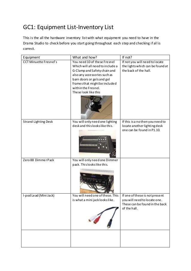 equipment inventory list