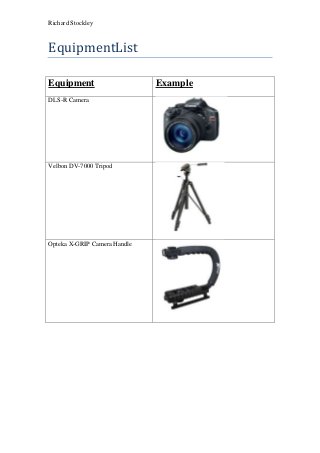 Richard Stockley

EquipmentList
Equipment
DLS-R Camera

Velbon DV-7000 Tripod

Opteka X-GRIP Camera Handle

Example

 