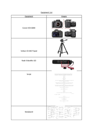Equipment List
Equipment Images
Canon EOS 600D
Velbon EX 440 Tripod
Rode VideoMic GO
Script
Storyboard
 