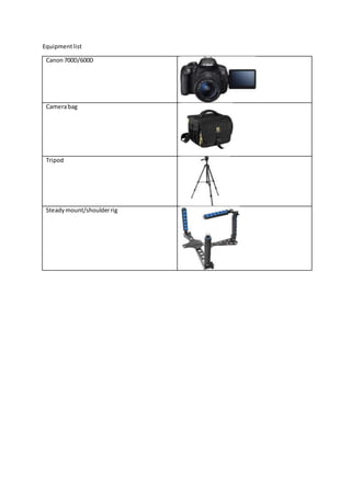 Equipmentlist
Canon700D/600D
Camerabag
Tripod
Steadymount/shoulderrig
 