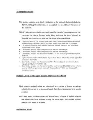 TCP/IP protocol suite
This section presents an in-depth introduction to the protocols that are included in
TCP/IP. Although the information is conceptual, you should learn the names of
the protocols.

TCP/IP” is the acronym that is commonly used for the set of network protocols that
compose the Internet Protocol suite. Many texts use the term “Internet” to
describe both the protocol suite and the global wide area network.
 Describe how the TCP/IP protocol suite maps to the Department of Defense Advanced
Research Projects Agency (DARPA) and Open System Interconnection (OSI) models.
 List the main protocols in the Network Interface, Internet, Transport, and Application
layers of the DARPA model.
 Describe the purpose of the core protocols of the IPv4 Internet layer.
 Describe the purpose of the core protocols of the IPv6 Internet layer.
 Describe the purpose and characteristics of the TCP and User Datagram Protocol (UDP)
protocols.
 Explain how IP uses the information in IP packets to deliver data to the correct application
on a destination node.
 Describe the purpose and characteristics of the Windows Sockets and Network Basic
Input/Output System (NetBIOS) APIs.
 Describe the purpose and characteristics of the host name and NetBIOS naming schemes
used by TCP/IP components in Microsoft Windows Server™ 2003 and Windows XP
operating systems.
Protocol Layers and the Open Systems Interconnection Model
Most network protocol suites are structured as a series of layers, sometimes
collectively referred to as a protocol stack. Each layer is designed for a specific
purpose.

Each layer exists on both the sending and receiving systems. A specific layer on
one system sends or receives exactly the same object that another system's
peer process sends or receives.
Architecture Model
 