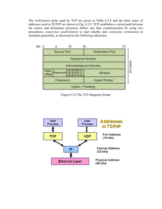 The well-known ports used by TCP are given in Table 6.3.2 and the three types of
addresses used in TCP/IP are shown in Fig. 6.3.5. TCP establishes a virtual path between
the source and destination processes before any data communication by using two
procedures, connection establishment to start reliably and connection termination to
terminate gracefully, as discussed in the following subsection.
Figure 6.3.4 The TCP datagram format
 