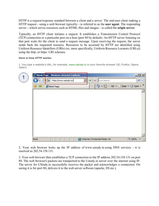 HTTP is a request/response standard between a client and a server. The end-user client making a
HTTP request—using a web browser typically—is referred to as the user agent. The responding
server—which serves resources such as HTML files and images—is called the origin server.
Typically, an HTTP client initiates a request. It establishes a Transmission Control Protocol
(TCP) connection to a particular port on a host (port 80 by default). An HTTP server listening on
that port waits for the client to send a request message. Upon receiving the request, the server
sends back the requested resource. Resources to be accessed by HTTP are identified using
Uniform Resource Identifiers (URIs) (or, more specifically, Uniform Resource Locators (URLs))
using the http: or https: URI schemes.
Here is how HTTP works:
1. You type a website's URL, for example, www.ustudy.in in your favorite browser (IE, Firefox, Opera,
Safari)
2. Your web browser looks up the IP address of www.ustudy.in using DNS services - it is
resolved as 202.54.158.131.
3. Your web browser then establishes a TCP connection to the IP address 202.54.158.131 on port
80. The web browser's packets are transported to the Ustudy.in server over the internet using IP.
The server for UStudy.in successfully receives the packet and acknowledges a connection. On
seeing it is for port 80, delivers it to the web server software (apache, IIS etc.).
 