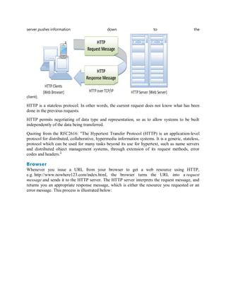 server pushes information down to the
client).
HTTP is a stateless protocol. In other words, the current request does not know what has been
done in the previous requests.
HTTP permits negotiating of data type and representation, so as to allow systems to be built
independently of the data being transferred.
Quoting from the RFC2616: "The Hypertext Transfer Protocol (HTTP) is an application-level
protocol for distributed, collaborative, hypermedia information systems. It is a generic, stateless,
protocol which can be used for many tasks beyond its use for hypertext, such as name servers
and distributed object management systems, through extension of its request methods, error
codes and headers."
Browser
Whenever you issue a URL from your browser to get a web resource using HTTP,
e.g. http://www.nowhere123.com/index.html, the browser turns the URL into a request
message and sends it to the HTTP server. The HTTP server interprets the request message, and
returns you an appropriate response message, which is either the resource you requested or an
error message. This process is illustrated below:
 