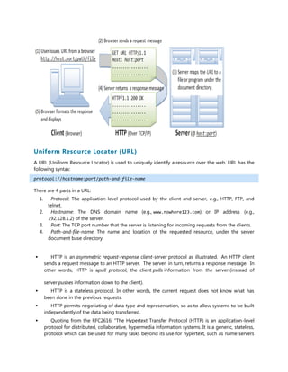 Uniform Resource Locator (URL)
A URL (Uniform Resource Locator) is used to uniquely identify a resource over the web. URL has the
following syntax:
protocol://hostname:port/path-and-file-name
There are 4 parts in a URL:
1. Protocol: The application-level protocol used by the client and server, e.g., HTTP, FTP, and
telnet.
2. Hostname: The DNS domain name (e.g., www.nowhere123.com) or IP address (e.g.,
192.128.1.2) of the server.
3. Port: The TCP port number that the server is listening for incoming requests from the clients.
4. Path-and-file-name: The name and location of the requested resource, under the server
document base directory.
 HTTP is an asymmetric request-response client-server protocol as illustrated. An HTTP client
sends a request message to an HTTP server. The server, in turn, returns a response message. In
other words, HTTP is apull protocol, the client pulls information from the server (instead of
server pushes information down to the client).
 HTTP is a stateless protocol. In other words, the current request does not know what has
been done in the previous requests.
 HTTP permits negotiating of data type and representation, so as to allow systems to be built
independently of the data being transferred.
 Quoting from the RFC2616: "The Hypertext Transfer Protocol (HTTP) is an application-level
protocol for distributed, collaborative, hypermedia information systems. It is a generic, stateless,
protocol which can be used for many tasks beyond its use for hypertext, such as name servers
 