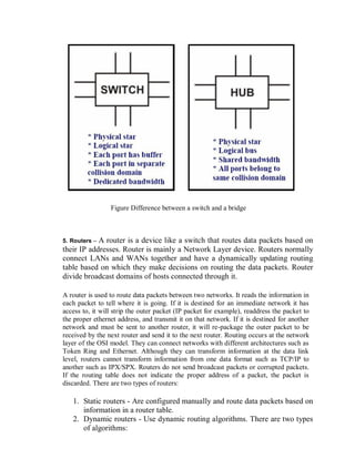 Figure Difference between a switch and a bridge
5. Routers – A router is a device like a switch that routes data packets based on
their IP addresses. Router is mainly a Network Layer device. Routers normally
connect LANs and WANs together and have a dynamically updating routing
table based on which they make decisions on routing the data packets. Router
divide broadcast domains of hosts connected through it.
A router is used to route data packets between two networks. It reads the information in
each packet to tell where it is going. If it is destined for an immediate network it has
access to, it will strip the outer packet (IP packet for example), readdress the packet to
the proper ethernet address, and transmit it on that network. If it is destined for another
network and must be sent to another router, it will re-package the outer packet to be
received by the next router and send it to the next router. Routing occurs at the network
layer of the OSI model. They can connect networks with different architectures such as
Token Ring and Ethernet. Although they can transform information at the data link
level, routers cannot transform information from one data format such as TCP/IP to
another such as IPX/SPX. Routers do not send broadcast packets or corrupted packets.
If the routing table does not indicate the proper address of a packet, the packet is
discarded. There are two types of routers:
1. Static routers - Are configured manually and route data packets based on
information in a router table.
2. Dynamic routers - Use dynamic routing algorithms. There are two types
of algorithms:
 