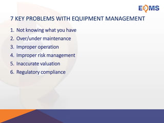 7 KEY PROBLEMS WITH EQUIPMENT MANAGEMENT
1. Not knowing what you have
2. Over/under maintenance
3. Improper operation
4. Improper risk management
5. Inaccurate valuation
6. Regulatory compliance
 