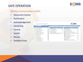 SAFE OPERATION
Effective Communication of SOPs
• Document Control
• Notification
• Acknowledgement
• Versioning
• Format
• Search
• Review
• Feedback loop
 