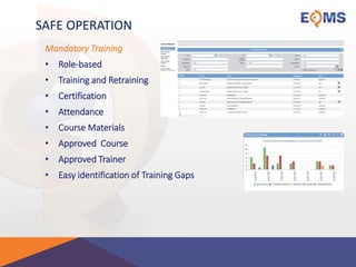 SAFE OPERATION
Mandatory Training
• Role-based
• Training and Retraining
• Certification
• Attendance
• Course Materials
• Approved Course
• Approved Trainer
• Easy identification of Training Gaps
 