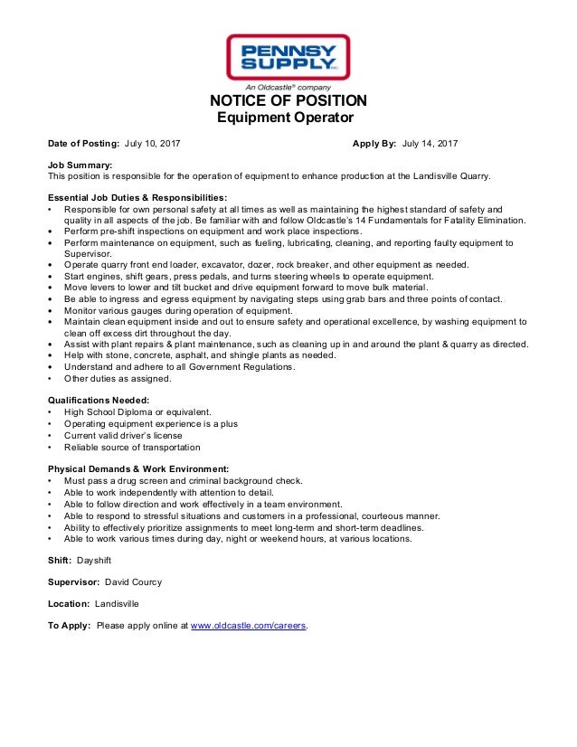 **NOW HIRING** Equipment operator, Landisville