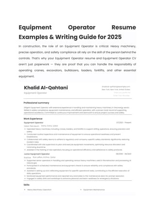 Backhoe Operator Resume Example Equipment Operator Resume Examples & Writing Guide for 2025 | PDF