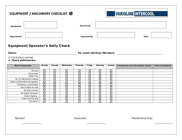equipment operators daily checklist daily checklist
