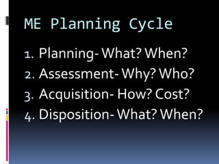 ME Planning Cycle
1. Planning-What?When?
2. Assessment-Why?Who?
3. Acquisition- How? Cost?
4. Disposition-What?When?
 