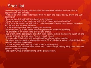 Shot list
 -Establishing shot of pier, fade into Over shoulder shot (Point of view) of artist at
beginning and end of video
-Mid Shot as artist slides guitar round from his back and begins to play ‘Down and Out’
opening rift
-Close up as artist and ‘girl’ are shown in an embrace
-Extreme-close up of ‘girl’ matches with lyrics ‘I heard she found another’
-CS of artist face matches with lyrics ‘I’m fading away’, Camera then pans to the ocean
and back to a close up of the artist
-LS, artist sitting on the beach looking out to ocean
-Extreme-close up of two hands locked together with the beach backdrop
-MS of artist sat on bench along pier singing chorus
-XCS of girl, in the background the artist can be seen, camera than zooms out of girl and
focus on artist as he sings lyrics ‘Your love is all I need’
-Chorus ends, MS of artist and girl sat together, playing guitar together
-Variety of shots conveying relationship, some CS of girl (home video), MS/CS/LS of them
together in different scenarios
-CS side angle of artist looking out to ocean (Chorus again)
-Shot reverse shot of artist stood in car park, then LS of girl driving away from same car
park but in retrospective
-Ending shot, OSS of artist walking up the pier. Fade out.
 