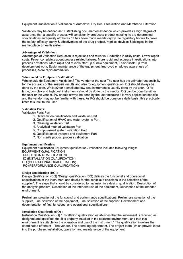 Equipment qualification & validation of autoclave, dry heat