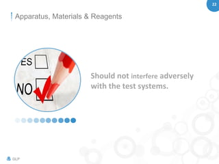22
GLP
Apparatus, Materials & Reagents
Should not interfere adversely
with the test systems.
 