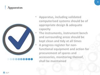 9
GLP
Apparatus
• Apparatus, including validated
computerised systems should be of
appropriate design & adequate
capacity
• The instruments, instrument bench
and surrounding areas should be
kept clean and tidy at all times
• A progress register for non-
functional equipment and action for
procurement of spares and
accessories, monitoring thereof,
shall be maintained
 