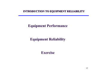 12
INTRODUCTION TO EQUIPMENT RELIABILITYINTRODUCTION TO EQUIPMENT RELIABILITY
Equipment Performance
Equipment Reliability
Exercise
 
