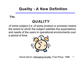 31David Garvin, Managing Quality, Free Press, 1988
Quality -Quality - A New DefinitionA New Definition
The
QUALITY
of some subject (i.e. of some product or process) means
the extent to which the subject satisfies the expectations
and needs of the users in operational environments over
a period of time.
 