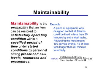 38
MaintainabilityMaintainability
Maintainability is the
probability that an item
can be restored to
satisfactory operating
condition within a
specified period of
time under stated
conditions by personnel
having prescribed skill
levels, resources and
procedures.
Example
A piece of equipment was
designed so that all failures
could be fixed in less than 30
minutes by entry level techs.
Reviewing the most recent
100 service events, 15 of then
took longer than 30 minutes
to remedy.
M(t=30) = = = 0.85
# of Successful Events
Total Number of Events
85
100
 