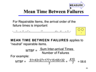 46
Mean Time Between FailuresMean Time Between Failures
For Repairable Items, the arrival order of the
failure times is important
MEAN TIME BETWEEN FAILURES applies to
“neutral” repairable items.
Sum Inter-arrival Times
Number of Failures
MTBF =
For example:
51+43+27+177+15+65+32
7
MTBF = =
410
7 = 58.6
51 43 27 177 15 65 32
MEASURE
S
 