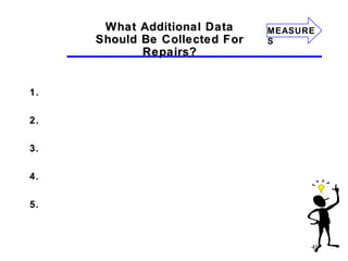 49
What Additional DataWhat Additional Data
Should Be Collected ForShould Be Collected For
Repairs?Repairs?
1.
2.
3.
4.
5.
MEASURE
S
 