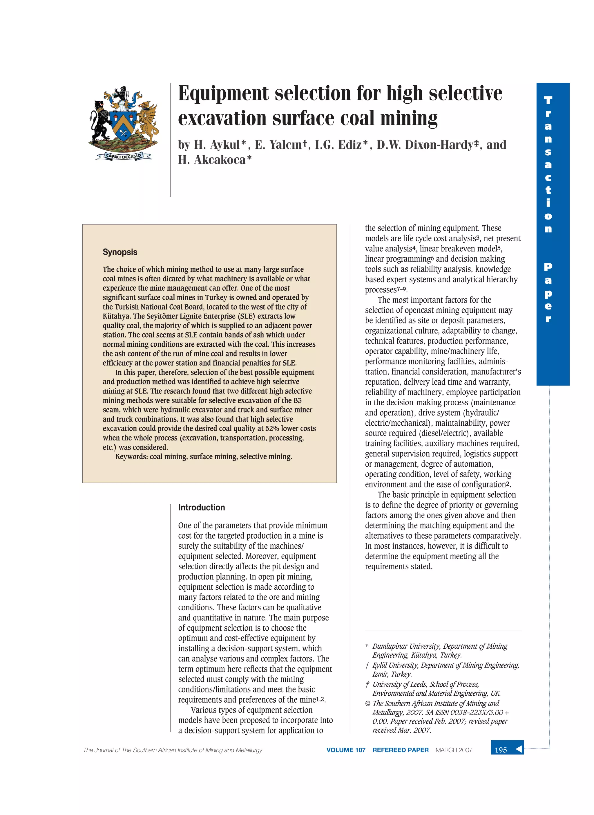 Equipment selection for high selective excavation surface coal mining | PDF