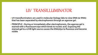 UV TRANSILLUMINATOR
• UV-transilluminators are used in molecular biology labs to view DNA (or RNA)
that has been separated by electrophoresis through an agarose gel.
• PRINCIPLE : During or immediately after electrophoresis, the agarose gel is
stained with a fluorescent dye which binds to nucleic acid. Exposing the
stained gel to a UVB light source causes the DNA/dye to fluoresce and become
visible.
 