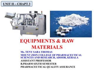 EQUIPMENTS & RAW
MATERIALS
UNIT II – CHAPT 3
Ms. TENY SARA THOMAS
MOUNT ZION COLLEGE OF PHARMACEUTICAL
SCIENCES AND RESEARCH, ADOOR, KERALA
ASSISTANT PROFESSOR
B.PHARM SIXTH SEMESTER
PHARMACEUTICAL QUALITY ASSURANCE
 
