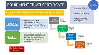 EQUIPMENT TRUST CERTIFICATE
• These certificates were
originally used to finance
railway box-cars and rolling
stock, with the box-cars used as
collateral.
History:
• Equipment trust certificates are
typically used to finance aircraft
purchases and containers used
for shipping and offshore
businesses.
Today:
It is a debt instrument and is secured by a specific asset
Financing Vehicle
Property Tax Benefit
Protection during
Bankruptcy
Benefits:
Trust is
established
• Holds the
title to
equipment
Investors
purchase
trust
certificate
• Trust gets
capital to
purchase
Company
makes
payment to
trust
• Creditors
get interest
income
Title is
transferred
from trust to
company
• When debt
has been
repaid
By- Ravleen Kaur
19DM157
 