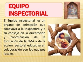 EQUIPO INSPECTORIAL  El Equipo Inspectorial  es un órgano de animación que coadyuva a la Inspectora y a su consejo en la orientación  y coordinación de la formación de la FMA y de la  acción  pastoral educativa en colaboración con los equipos locales. 