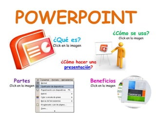 POWERPOINT
                                                          ¿Cómo se usa?
                     ¿Qué es?                                  Click en la imagen

                     Click en la imagen



                          ¿Cómo hacer una
                           presentación?


   Partes                                 Beneficios
Click en la imagen                        Click en la imagen
 